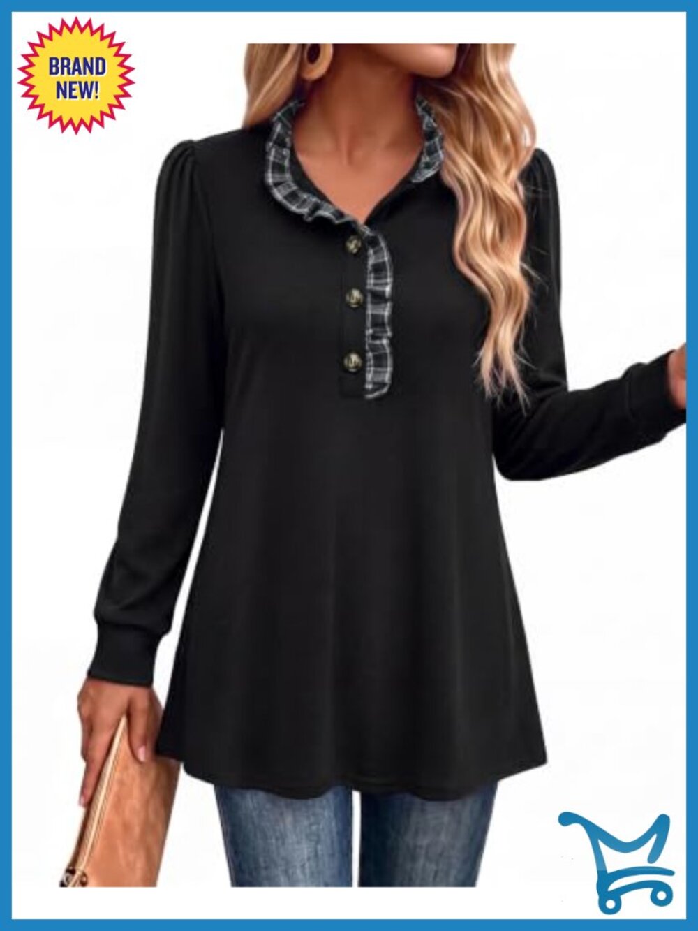 Timeson Womens Long Sleeve Tunic Sweater Button Ruffle Stand Collar Shirt
